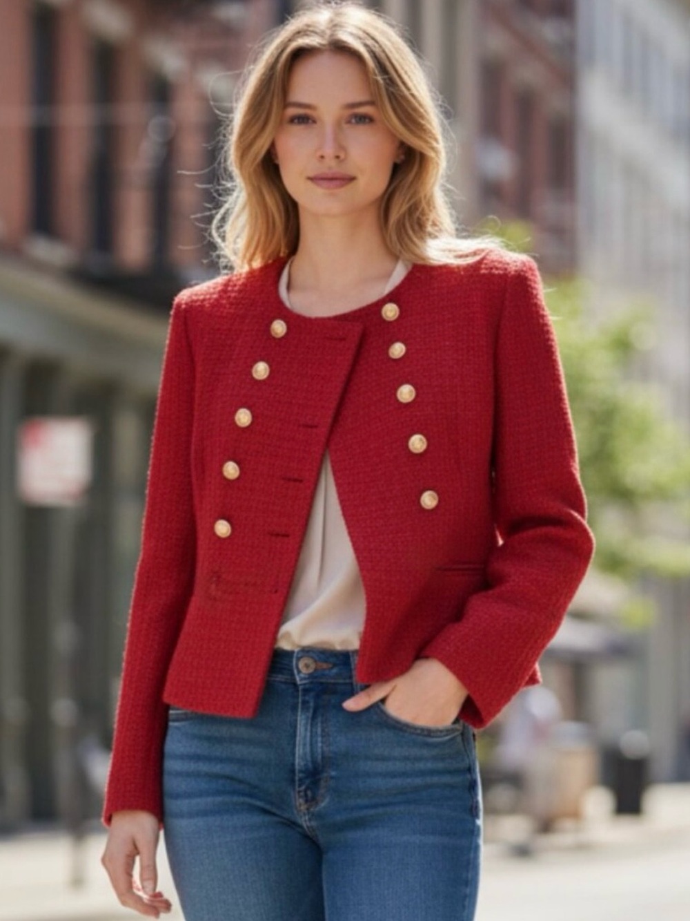NWT $159 Sam Edelman Red Fiona Cropped Blazer Double-Breasted Jacket Large